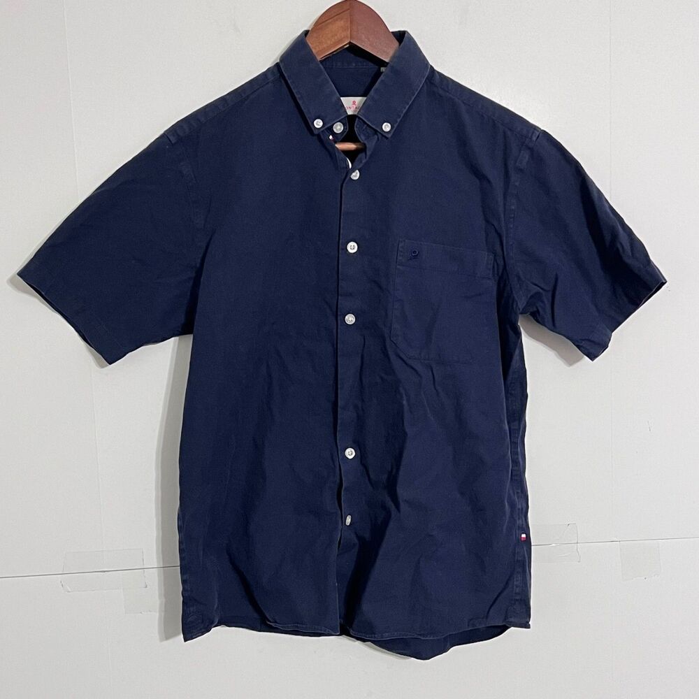 Montagut Paris Mens Shirt Size 15 Navy Blue Short Sleeve Embroidered Logo